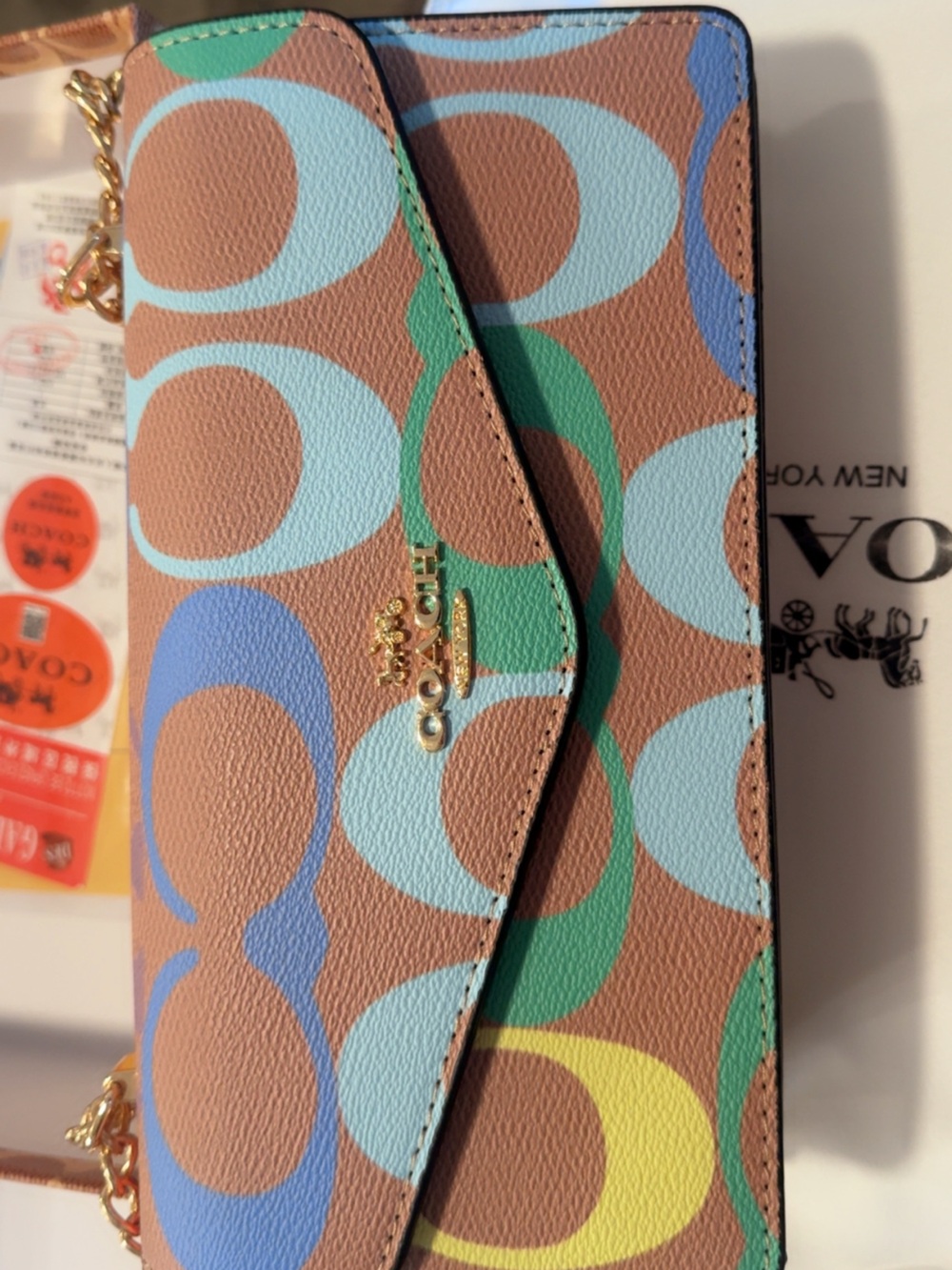Coach Multicolor Signature Logo Chain Crossbody in Brown, Blue, Green, Yellow
